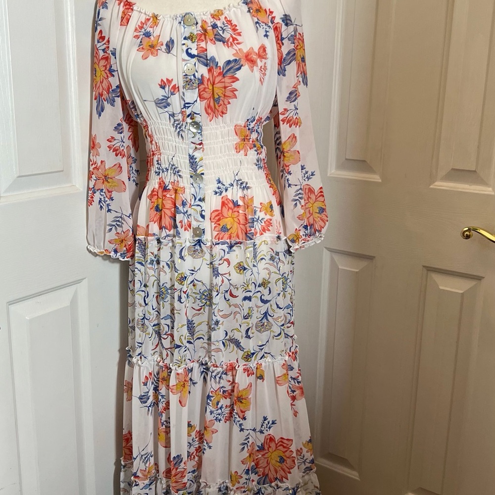 Figueroa & Flower Floral Maxi Dress Small Smocked Waist Tiered Boho